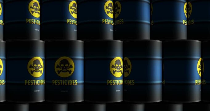 Pesticides barrels in row seamless and loopable concept. Agriculture chemical plant protection industrial containers.