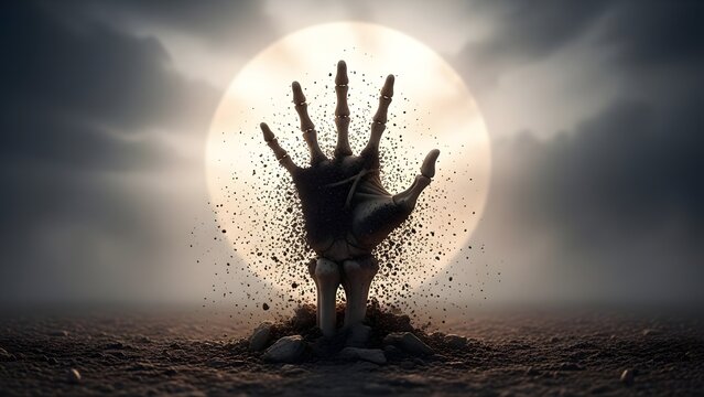 Skeletal hand emerging from earth with full moon backdrop in dark dramatic atmosphere with ground large glowing depicts skeletal rising ground