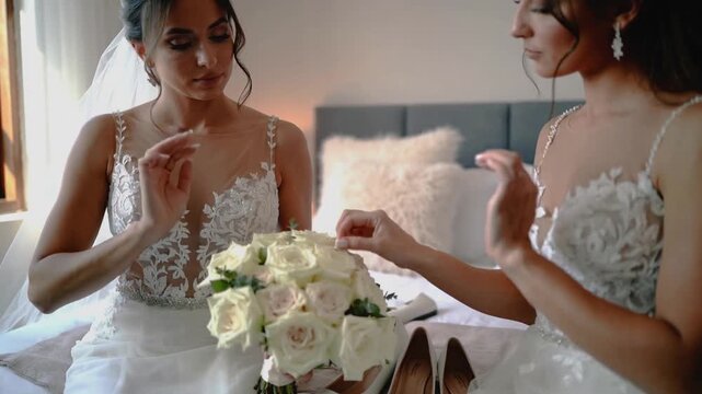 Smoothing bouquet adjusting earrings, two brides in lace gowns veils checking on bed before leaving