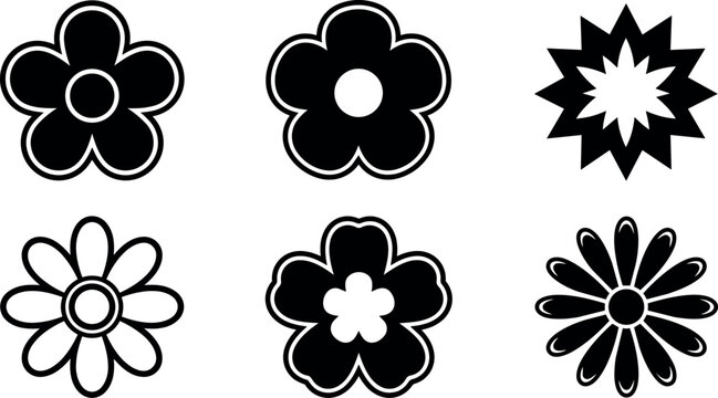 Black and white floral icons set with varied five petal and daisy shapes in line art