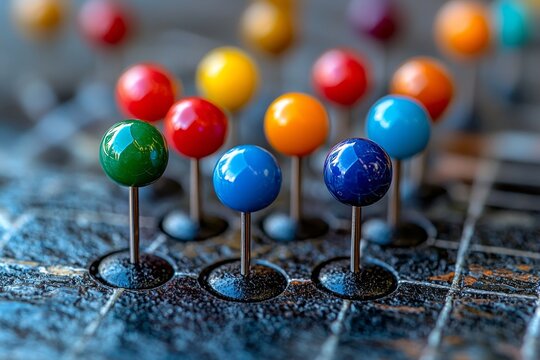 Colorful push pins linked by strings on a grey background, illustrating a network concept with selective focus