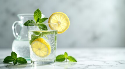 Fototapeta premium Glass of lemon mint water on marble surface, menopausal hydration ritual