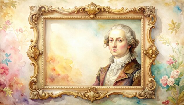 Elegant portrait in ornate frame against floral background