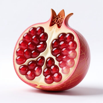 Cutaway illustration shows shiny, blood-red arils inside a vibrant red pomegranate, on a crisp white background giving it a modern look, clean white.