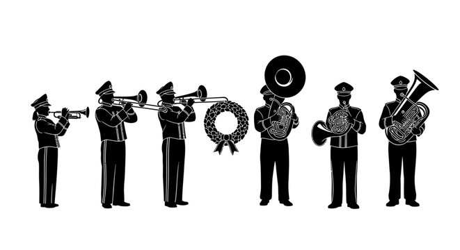 Military Band Marching with Tuba, Trumpet, Trombones, and Wreath