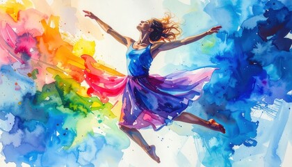 Fototapeta premium Graceful dancer in vibrant watercolor splash artistic expression concept