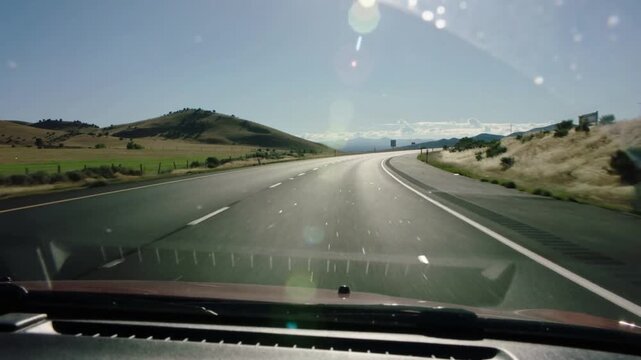 Driving car entering right curve, dashcam capturing forward road, dash, lane lines heading to hills