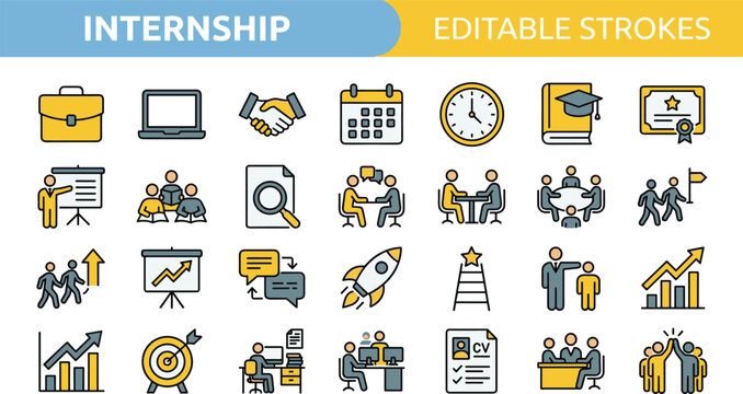 Internship program infographic with editable strokes and business icons, flat design vector illustration