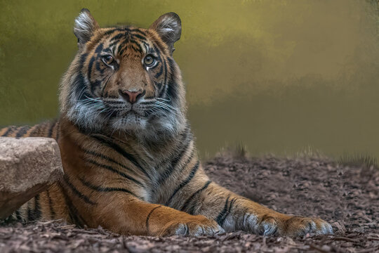 Sumatran tiger resting on forest ground with direct gaze and copy space