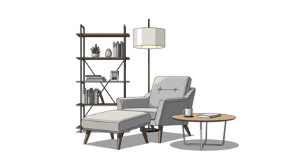 Fototapeta premium Stylish reading nook, featuring a modern grey armchair with matching ottoman, a round side table, a contemporary floor lamp, and an open metal bookshelf.