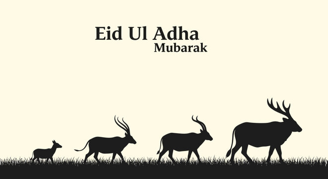 A serene silhouette illustration of horned creatures in a procession on a grassy landscape, embodying the festive spirit of an important Islamic holiday