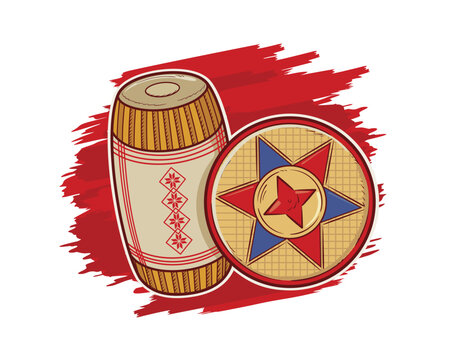 Traditional Assamese dhol and jaapi composition on a red brush stroke background, festive folk music vector illustration for cultural celebration themes