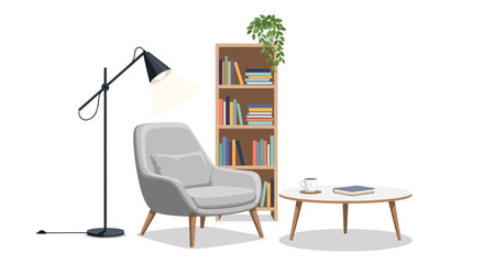 Fototapeta premium Cozy and inviting reading nook, featuring a comfortable grey armchair, a round wooden coffee table, an arched floor lamp, and a tall bookshelf filled with books and plants.