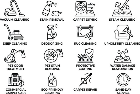 Vector icons of various carpet cleaning services on white background