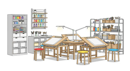 Fototapeta premium Lively art classroom interior, equipped with multiple adjustable drawing tables, colorful stools, various shelving units, and storage cabinets filled with art supplies.
