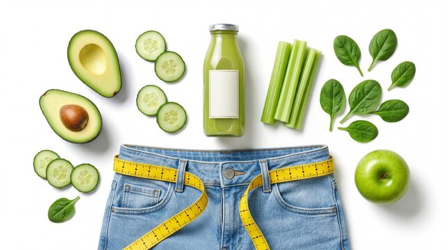 Top view of weight loss and diet concept. Blue denim pant with measuring tape belt, green juice bottle, avocado, celery, and apple on white background. Healthy lifestyle flat lay with mockup.