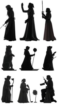 A collection of medieval silhouettes of people in various poses