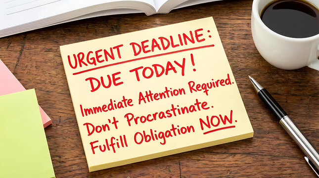 Urgent due today reminder note highlighting an imminent deadline notification emphasizing immediate attention required for timely action completion to avoid procrastination and obligation fulfillment.