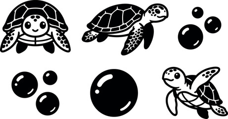 Naklejka premium Black and white turtle illustrations with bubbles in simple vector art