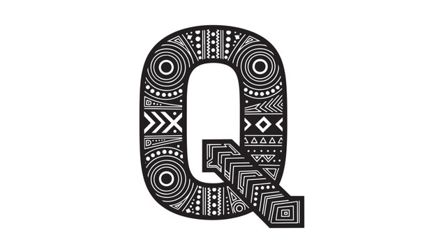 Letter Q displays a complex monochromatic pattern featuring circular motifs and chevron textures.