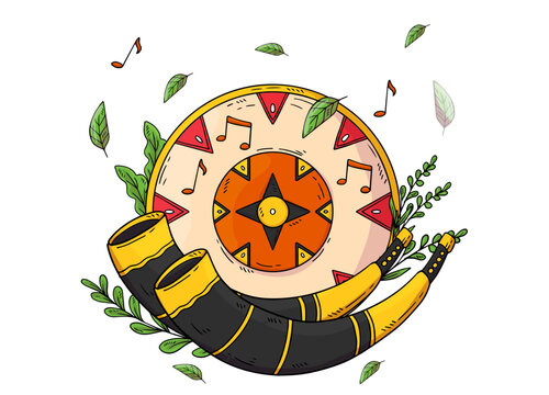 Traditional Assamese Bihu music composition with dhol, pepa horns, jaapi motif, leaves, and musical notes, festive cultural vector illustration on light background
