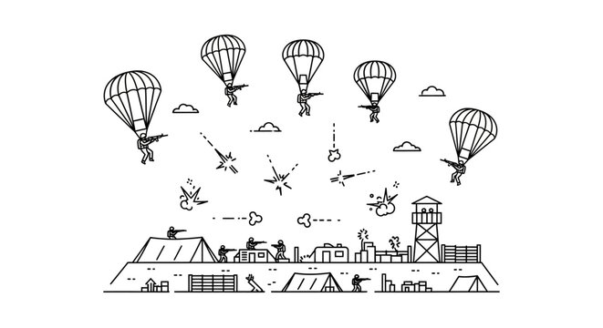 Paratroopers descend on military base, combat scene, airborne assault, war illustration