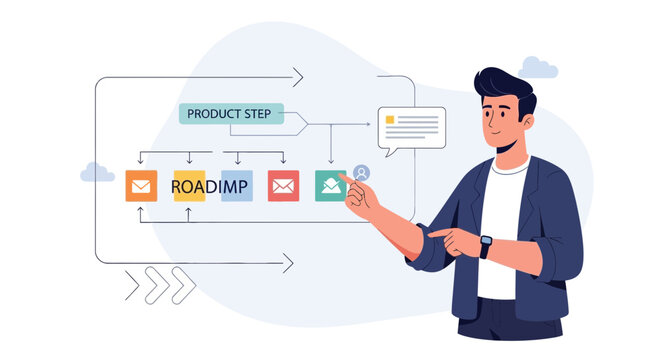 Man presenting product roadmap and workflow with icons and steps