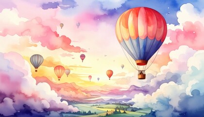 Fototapeta premium Watercolor painting of hot air balloons soaring through a vibrant colorful sky
