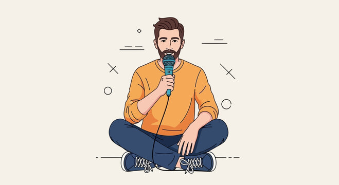 Man Sitting Cross-legged Holding Microphone, Performing or Speaking