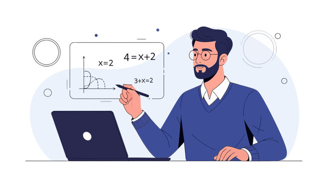 Man teaching math online with laptop and digital whiteboard