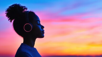 Fototapeta premium Woman listening to relaxing audio with glowing headphones at dusk, feeling calm and peaceful with eyes closed