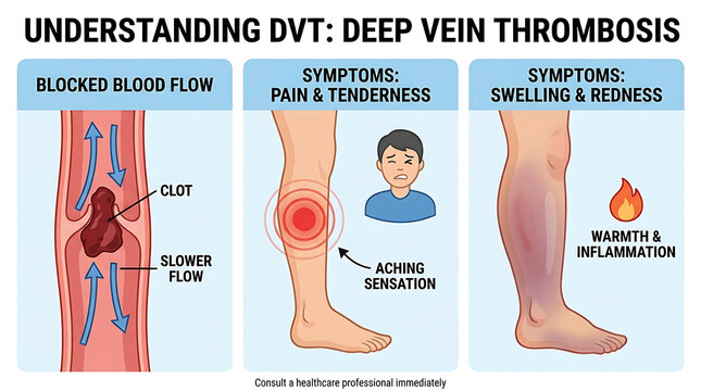 Detailed medical education infographic illustrating deep vein thrombosis DVT anatomy showing blood clot symptoms like pain swelling redness and blocked vascular flow in human lower leg calf muscle