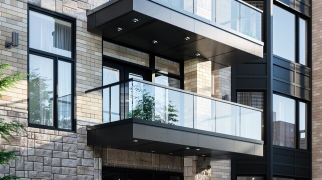 Modern apartment building with large glass balconies and stone facade. Green plants visible near the entrance. Urban architecture design.