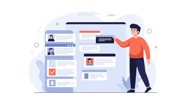 Man selecting profile from digital interface, online recruitment, user interface design