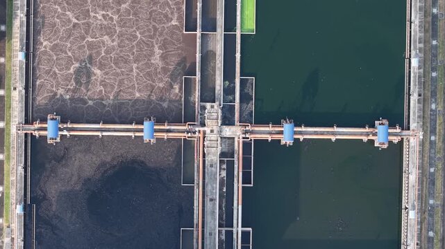 Aerial view of municipal water treatment plant clarifier basins