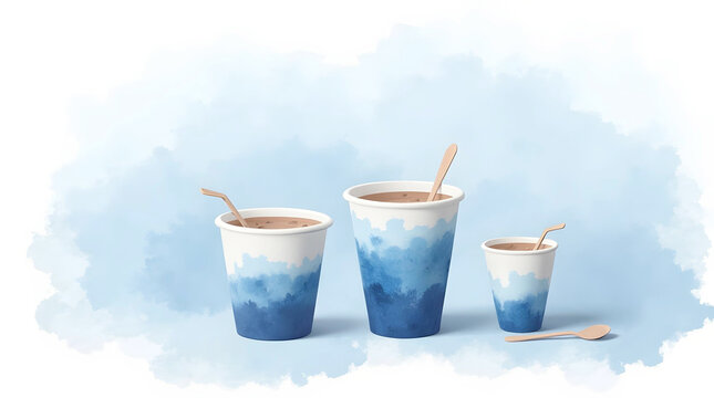Three eco-friendly paper cups with artistic blue watercolor designs hold chocolate beverages and wooden spoons