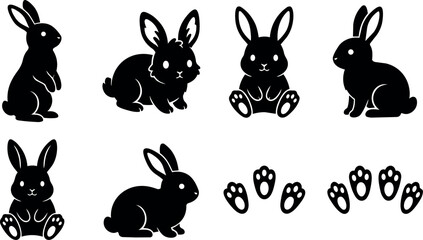 Fototapeta premium Black and white silhouette bunny rabbits in different poses with paw prints