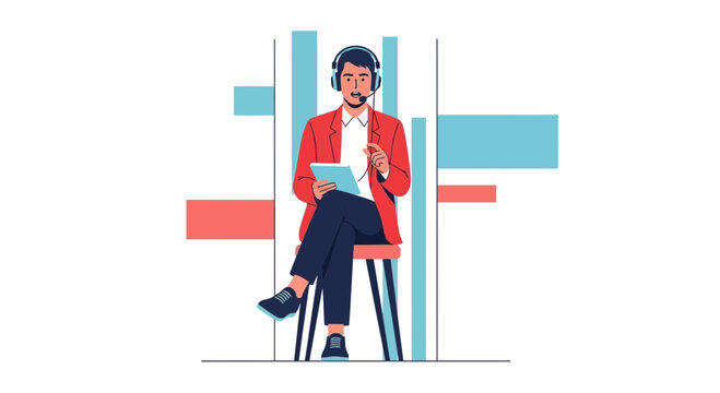 Man with headset and tablet sits on stool with bar chart background