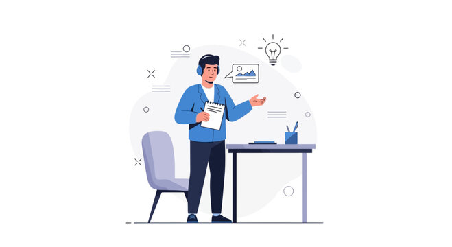 Man with headphones presenting ideas, charts, and lightbulb concept