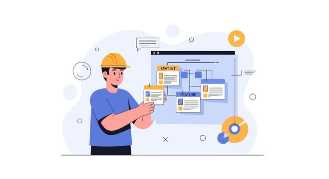Man in hard hat planning project with sticky notes and flowchart on screen