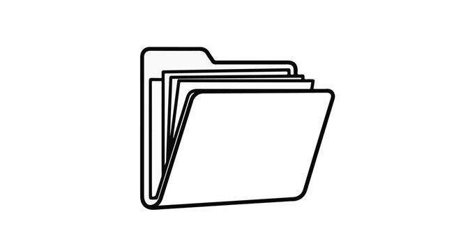 A simple black and white line drawing of an open folder with pages