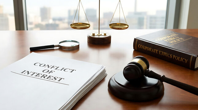 Legal conflict of interest concept featuring a wooden judge gavel on a desk symbolizing ethical dilemma, corporate policy violation, and moral responsibility in professional judicial conduct.