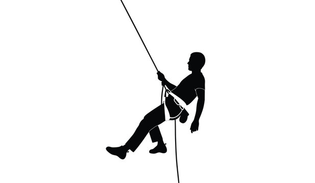 A dynamic illustration depicts a person rappelling down a rope against a stark white background showcasing a bold silhouette high quality professional detailed modern