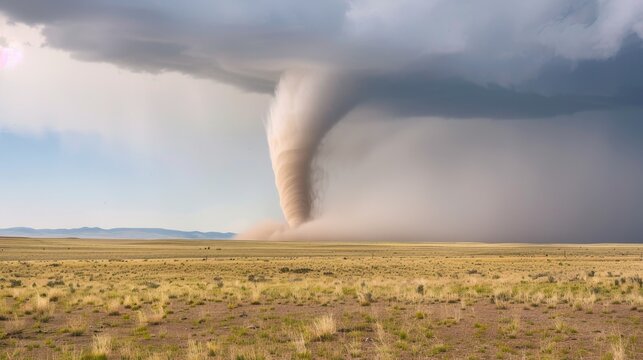 A tornado forms over a vast, dry landscape. Dark clouds swirl above, creating a dramatic weather scene. The ground is mostly barren with sparse vegetation.