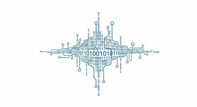 Abstract digital circuit board with binary code patterns and nodes