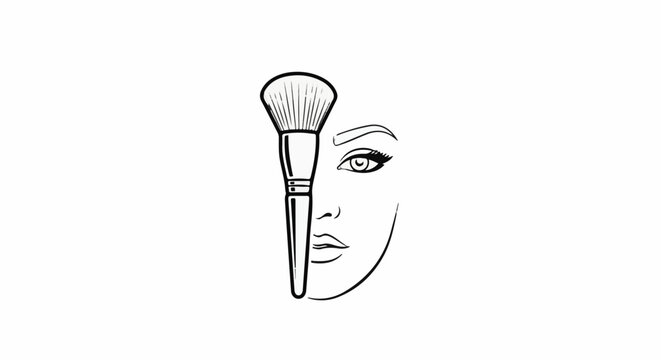 Minimalist line art of a makeup brush obscuring half a female face