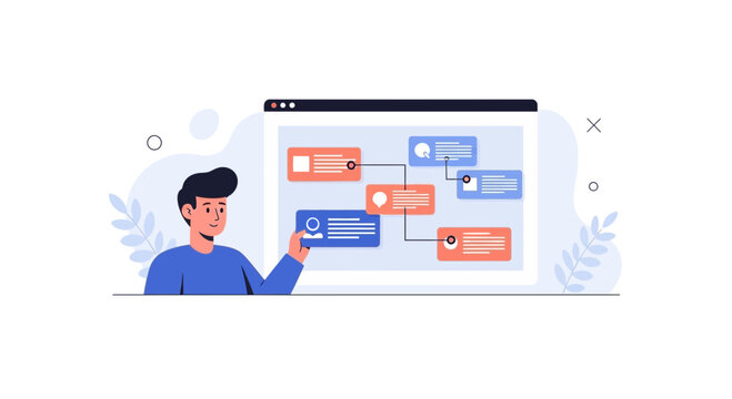 Man organizing project workflow on a digital screen with flowchart and connecting nodes