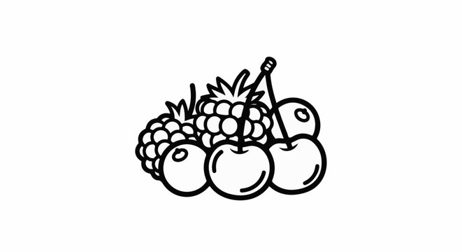 Outline illustration of raspberries and cherries on a white background