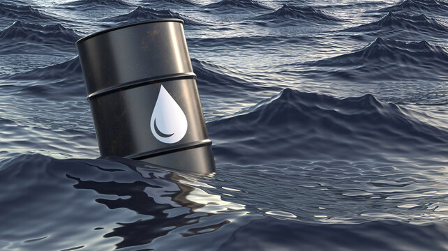 An oil barrel partially submerged in dark, choppy water, symbolizing environmental pollution and ecological disaster.
