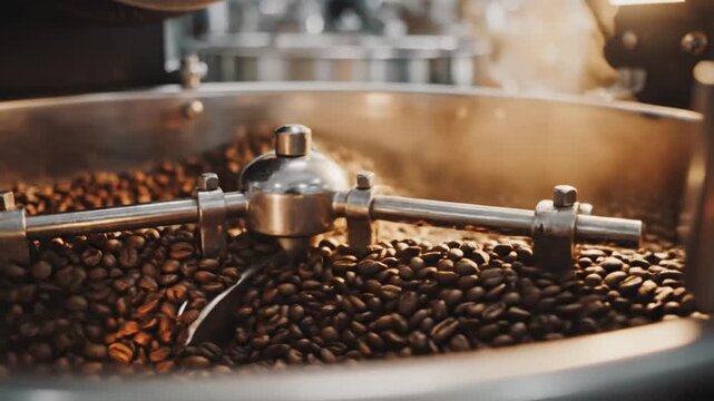 Close up of coffee beans roasting in a commercial roaster with the turning mechanism moving within the metal drum